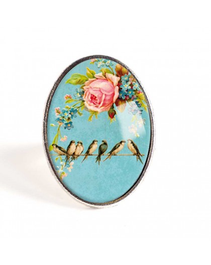 Cabochon ring, Les Hirondelles in spring, blue and pastel pink