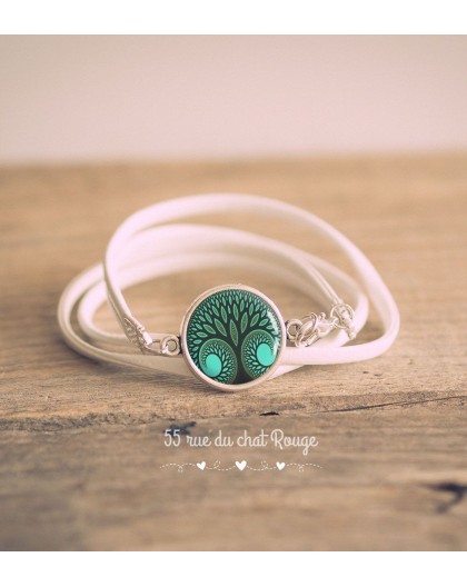 White imitation leather cuff bracelet, Cabochon Tree of life, Green