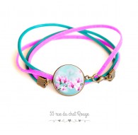 Turquoise leather and fushia suedine cuff bracelet, pink orchid