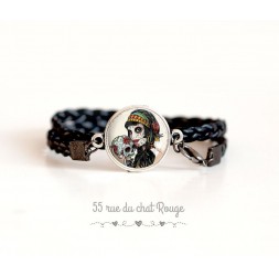 Gothic cuff bracelet, La muerta, black and red