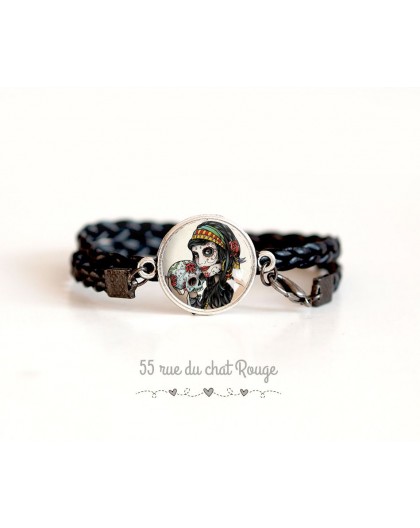Gothic cuff bracelet, La muerta, black and red