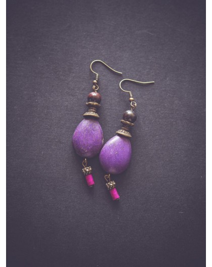 Earrings, dangling, purple Howlite, bronze