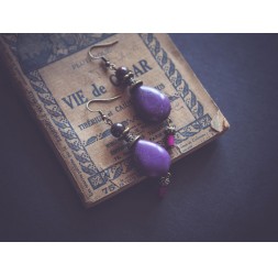 Earrings, dangling, purple Howlite, bronze