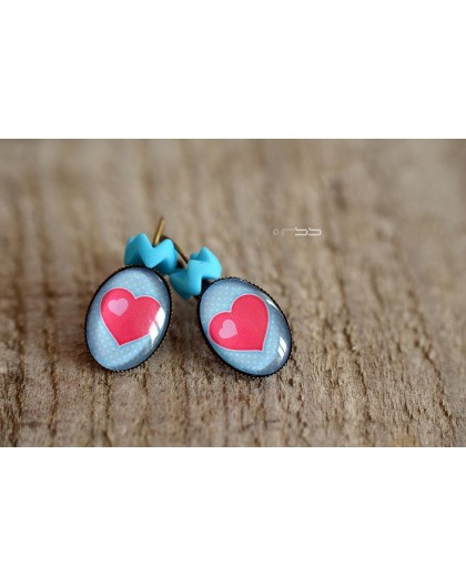 Earrings Small red heart, polka dots pastel blue background