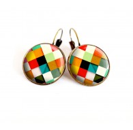 Cabochon-Ohrringe, mehrfarbiges Patchwork, Schachbrett