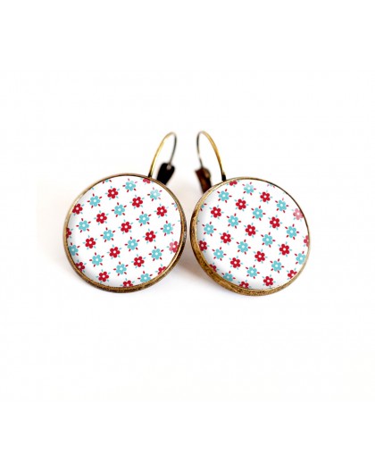 Cabochon earrings, small red and turquoise flowers