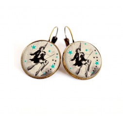 Cabochon earrings, Pin-up witch on her broom