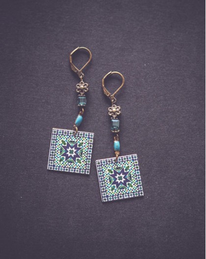 Earrings, Morocco, Blue, green, white, bronze