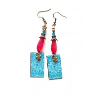 Boucles d'oreilles, Agate Fushia, Fleur Bleu et blanche, bronze