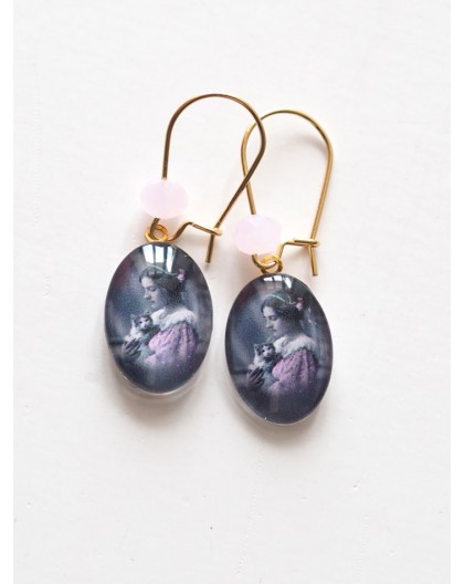 Retro earrings, the Lady with the Cat, purple, gray, bronze