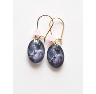 Boucles d'oreilles Rétro, la Dame au Chat, parme, gris, bronze