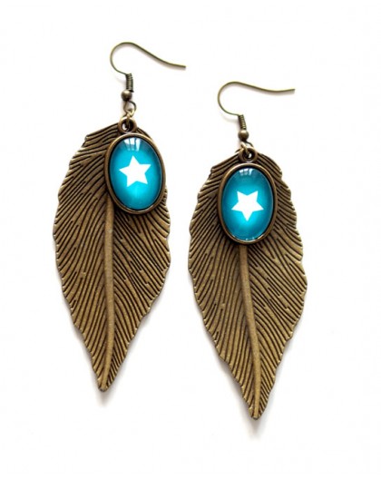 Earrings, Bronze leaf, White star, Turquoise