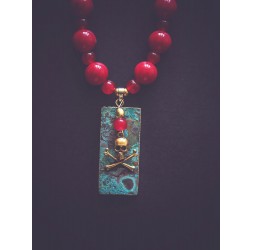 Turquoise Blue Agate Pendant Necklace, Red pearls
