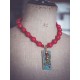 Turquoise Blue Agate Pendant Necklace, Red pearls