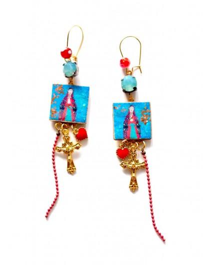 Earrings, Virgin Mary, Turquoise and red