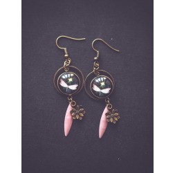 Ohrringe, kleine Libelle, rosa und schwarz, Bronze