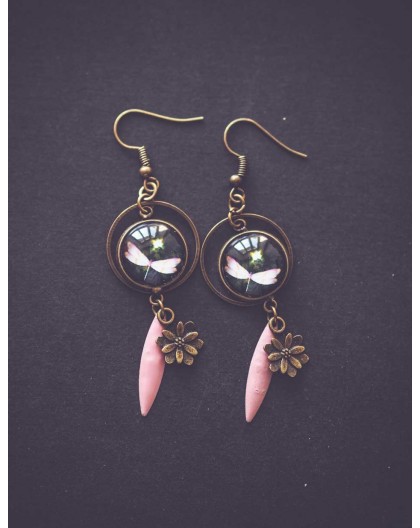 Earrings, small dragonfly, pink and black, bronze