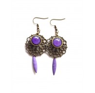 Boucles d'oreilles, violet, petit pois, bronze