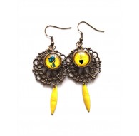 Orecchini, Gattino e pesce, giallo nero, bronzo