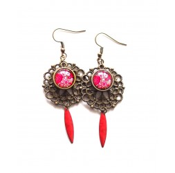 Earrings, Fleuri, Indian inspiration, red gold, bronze