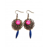 Ohrringe, Vogelchen, Fuchsia, Blau, Bronze
