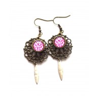 Ohrringe, Blume, Fuchsia und Weiß, Bronze