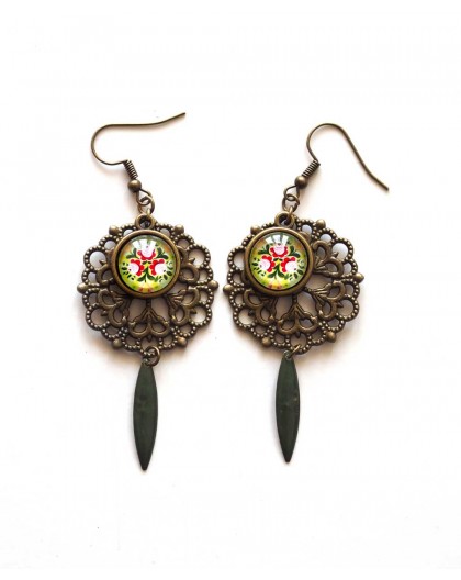 Earrings, Fleuri, Indian inspiration, red gold, bronze