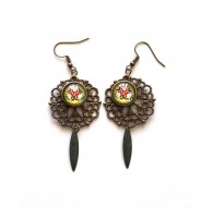 Orecchini, Fiore, Verde fucsia, bronzo