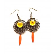 Boucles d'oreilles, Fleur de Tournesol, orange jaune, bronze