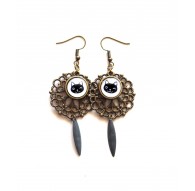 Boucles d'oreilles, Petit Chat Noir, Blanc, bronze
