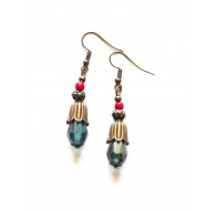 Boucles d'oreilles, gouttes de verre turquoise, rouge et bronze