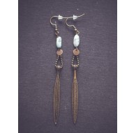 Earrings, Dangling, Larimar stone, bronze feather
