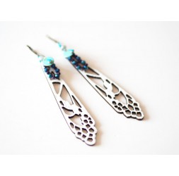 White, blue, bronze dragonfly wings earrings