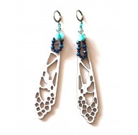 Boucles d'oreilles Ailes de libellule blanche, bleu, bronze