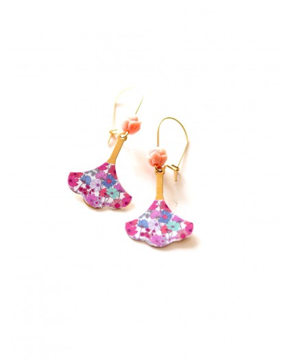 Boucles d'oreilles dorées, Fleurettes, style liberty, fushia, rose, doré