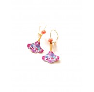 Boucles d'oreilles dorées, Fleurettes, style liberty, fushia, rose, doré