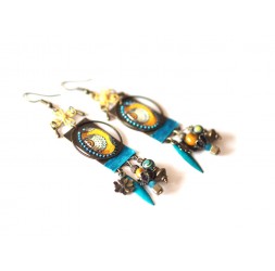 Boucles d'oreilles "Wax", Afrique, bleu vert, jaune, bronze