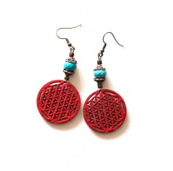 Flower of Life Earrings Red, turquoise blue, bronze