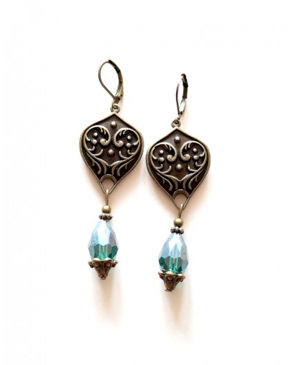 Retro style earrings, arabesque, turquoise blue drops, bronze