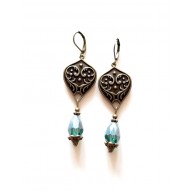 Boucles d'oreilles style rétro, arabesque, gouttes bleu turquoise, bronze
