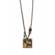 Collier pendentif laiton illustré Perroquet, turquoise rouge, bronze