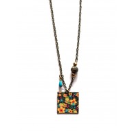 Collier pendentif laiton illustré Hibiscus, turquoise, doré, bronze