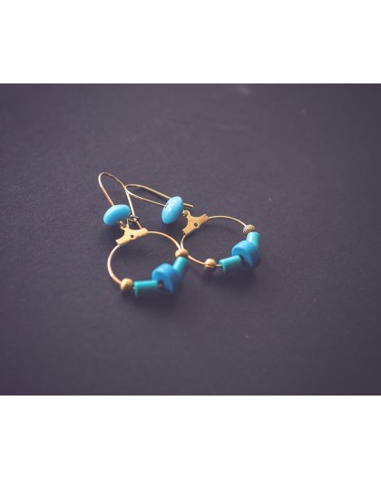 Boucles d'oreilles créoles dorées, bleu turquoise
