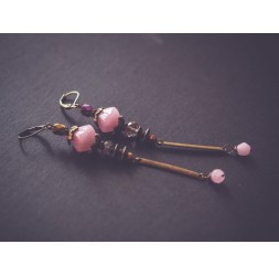 Long Pendant Boucles d'oreilles, rose, bronze, quartz rose