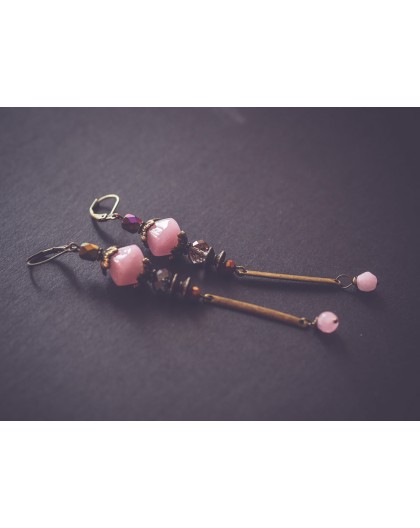 Long Pendant Boucles d'oreilles, rose, bronze, quartz rose
