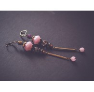 Orecchini pendenti lunghi, rosa, bronzo, quarzo rosa
