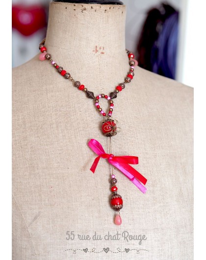 Fancy red and fuchsia necklace with Jade drop pendant