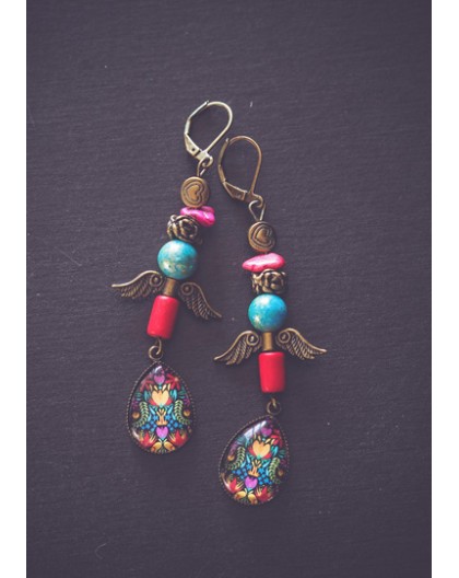 Boucles d'oreilles Illustration Mexicaine fleuri, colorée, bronze