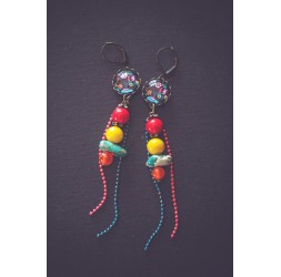Boucles d'oreilles multi couleur, illustration mexicaine, oiseau, bronze