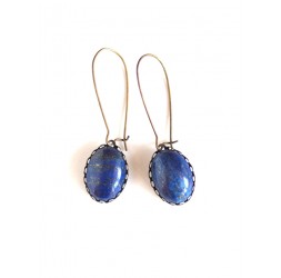 Boucles d'oreilles, cabochon Lapis Lazuli, bleu, bronze